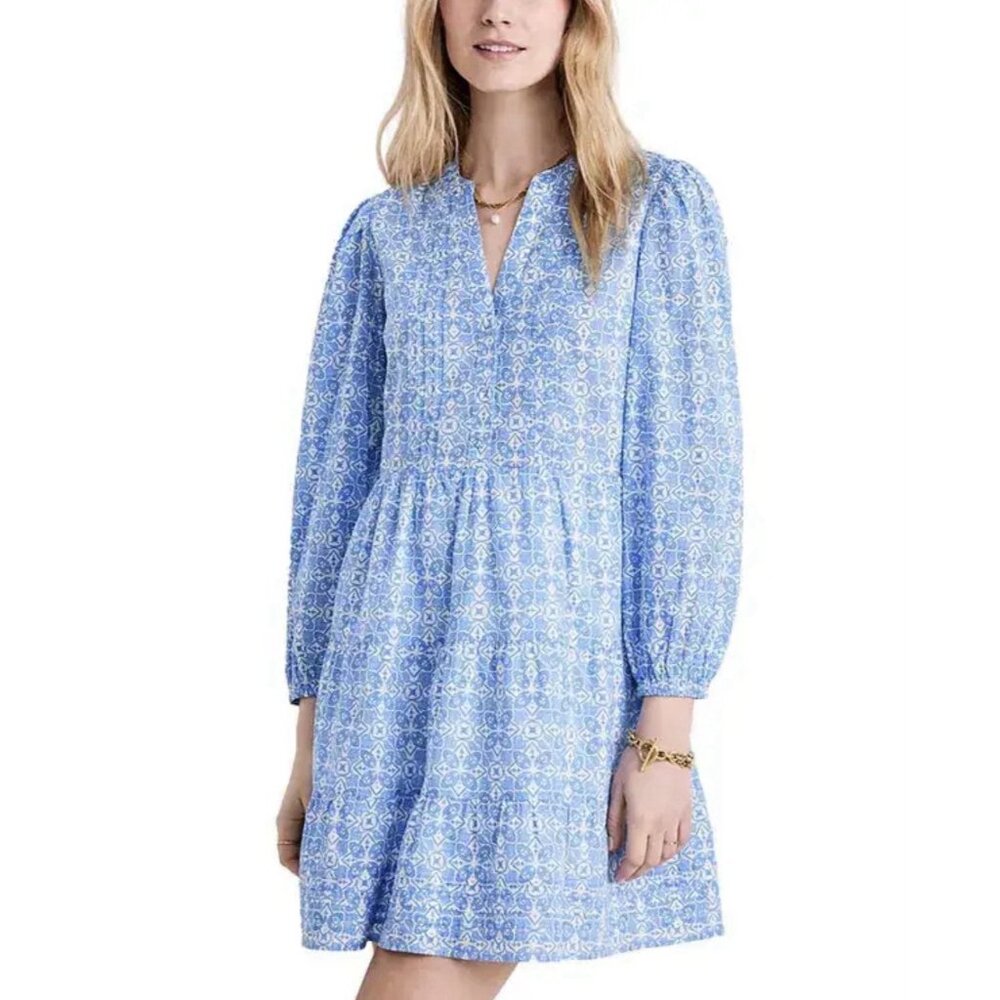 Vineyard Vines Womens Blue Coral Print Tiered Mini Dress 2X Cotton NWT Flowy